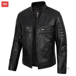 Real Lambskin Leather Cafe Racer Moto Jacket